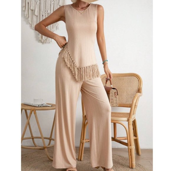 Apricot Boho Womens Fringe Hem Tank Top & Wide Leg Pants - Picture 3 of 4